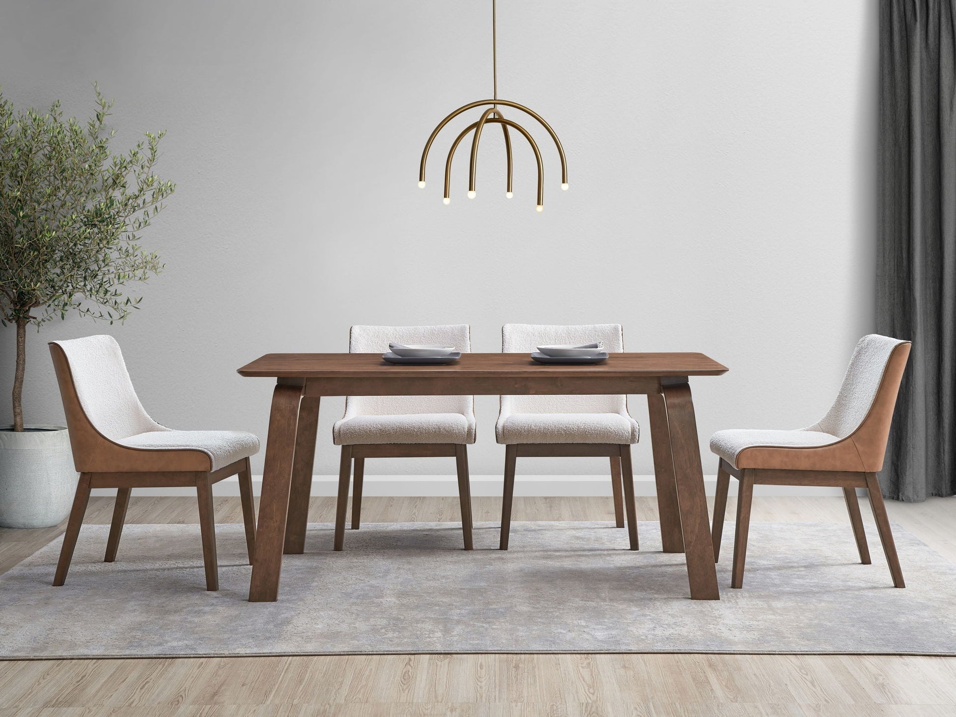 Ginny Walnut Dining Table with four light beige upholstered chairs on Tampa Home & Garden Store