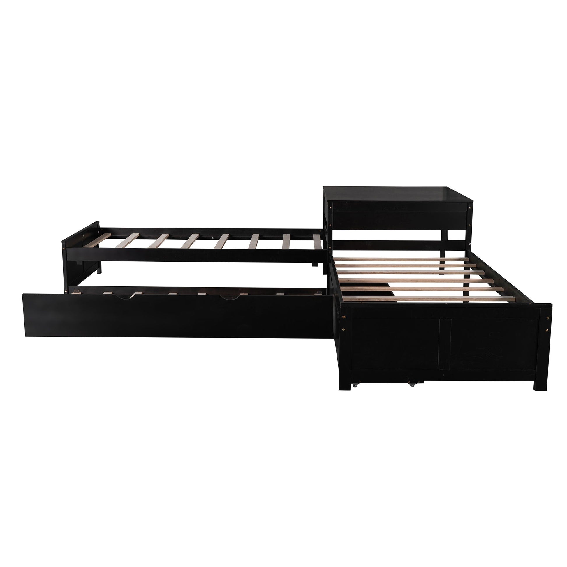 L-shaped platform bed with built-in desk in black, featuring a trundle and under-bed drawers on Tampa Home & Garden Store