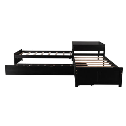 L-shaped platform bed with built-in desk in black, featuring a trundle and under-bed drawers on Tampa Home & Garden Store