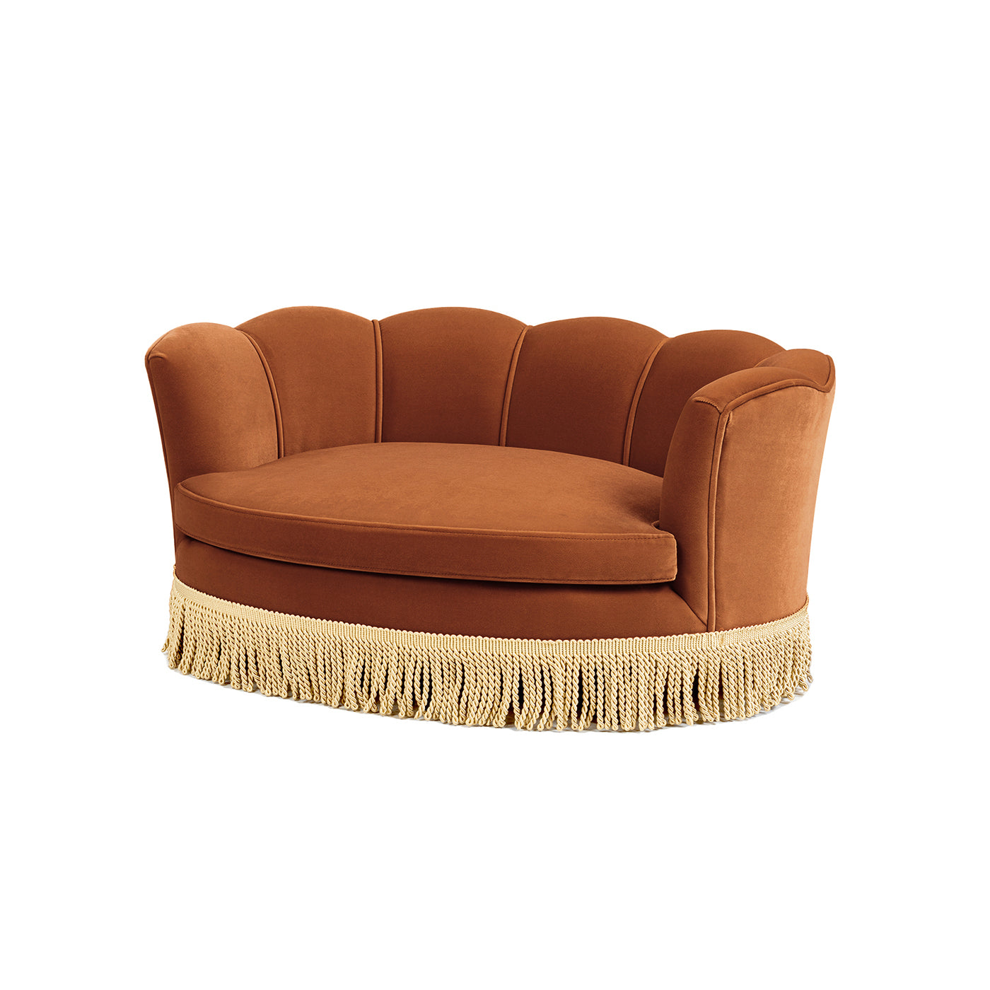 Clara 34.5in scalloped pet sofa bed, burnt orange velvet with fringe base on Tampa Home & Garden Store