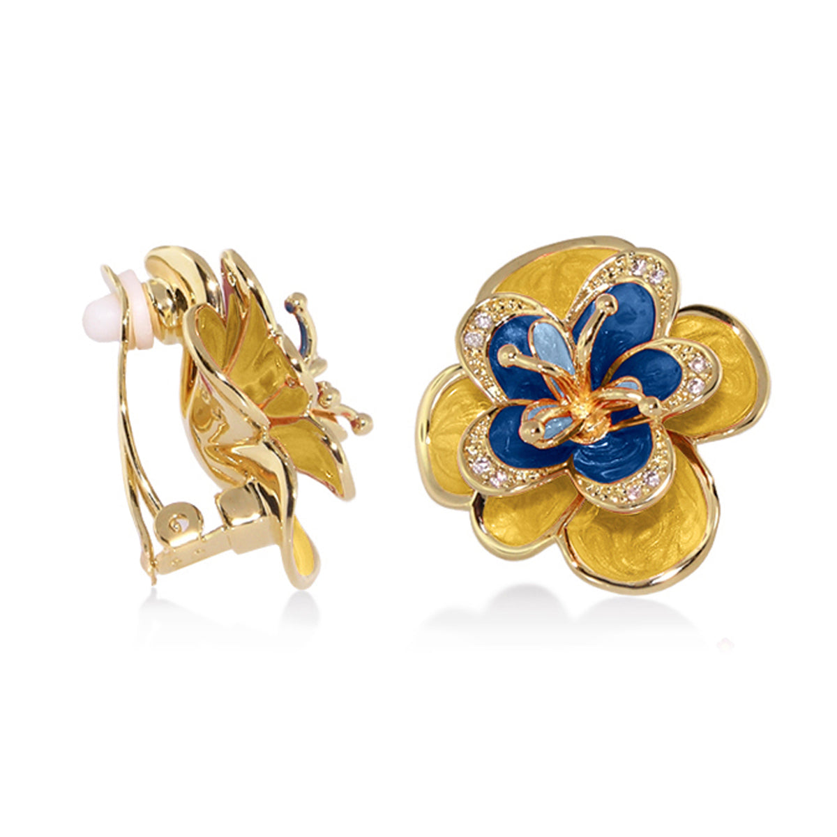Butterflies Earring, gold-tone floral clip-on with blue and yellow enamel petals on Tampa Home & Garden Store