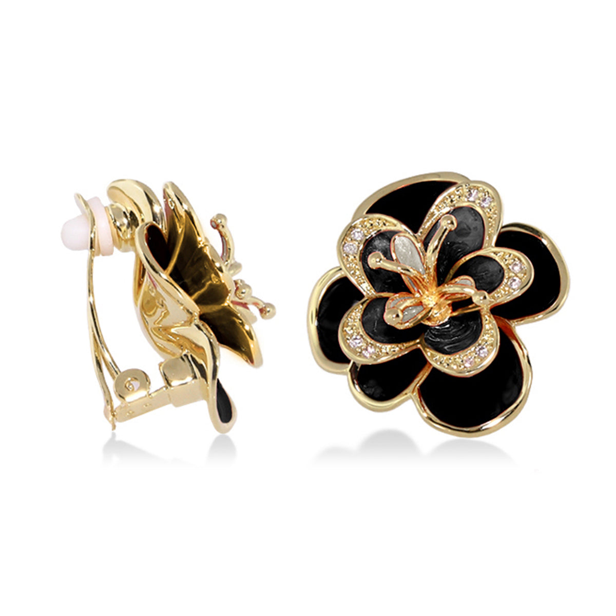 Lauren G Adams gold-tone flower earrings with black enamel petals and crystal accents on Tampa Home & Garden Store