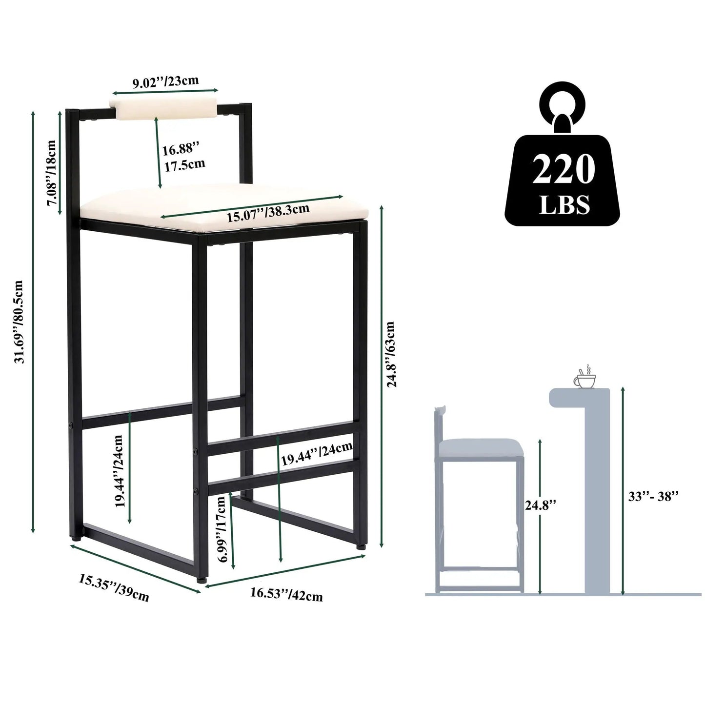 Counter-height bar stools with backrest and footrest, black frame, beige cushions (2-pack) on Tampa Home & Garden Store