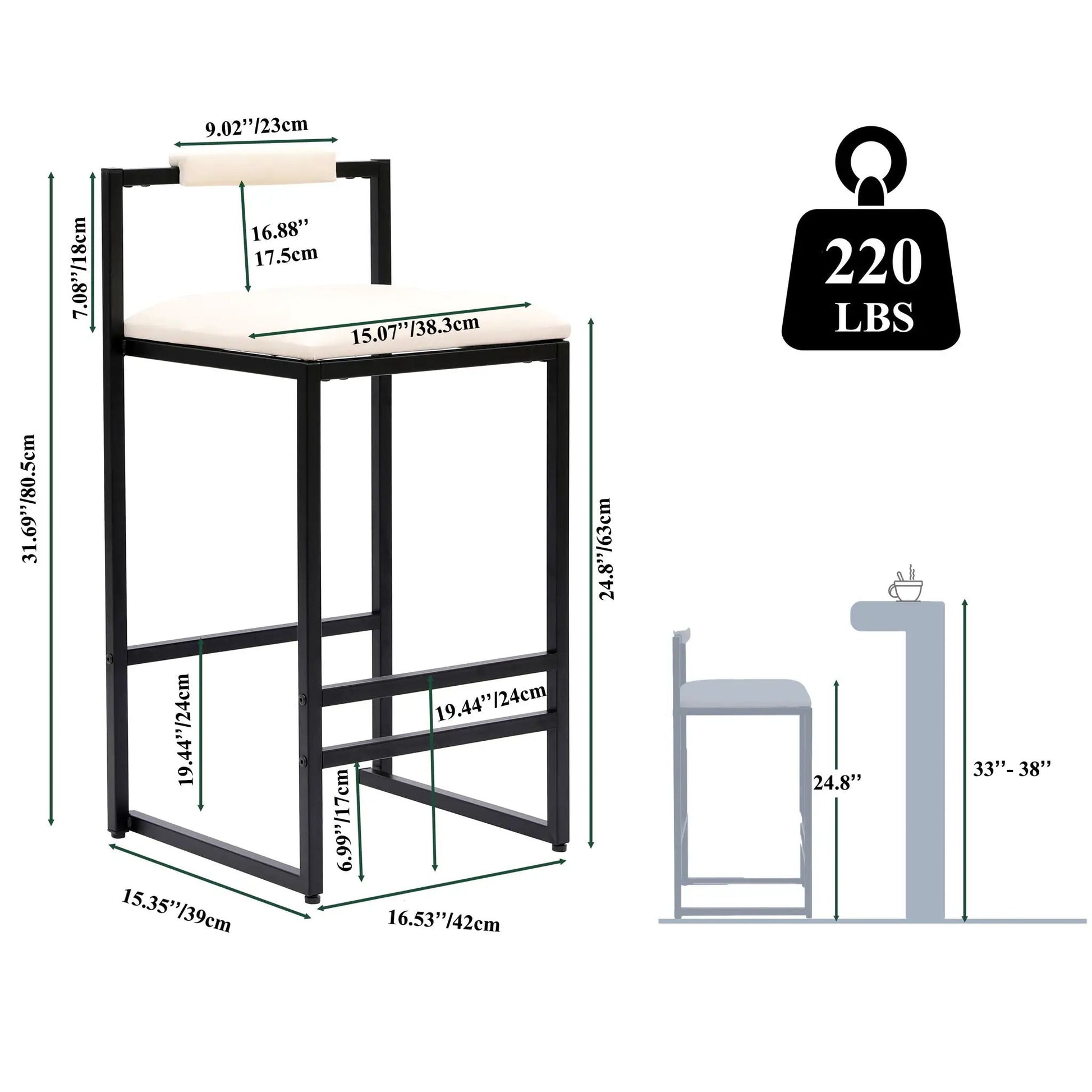Counter-height bar stools with backrest and footrest, black frame, beige cushions (2-pack) on Tampa Home & Garden Store