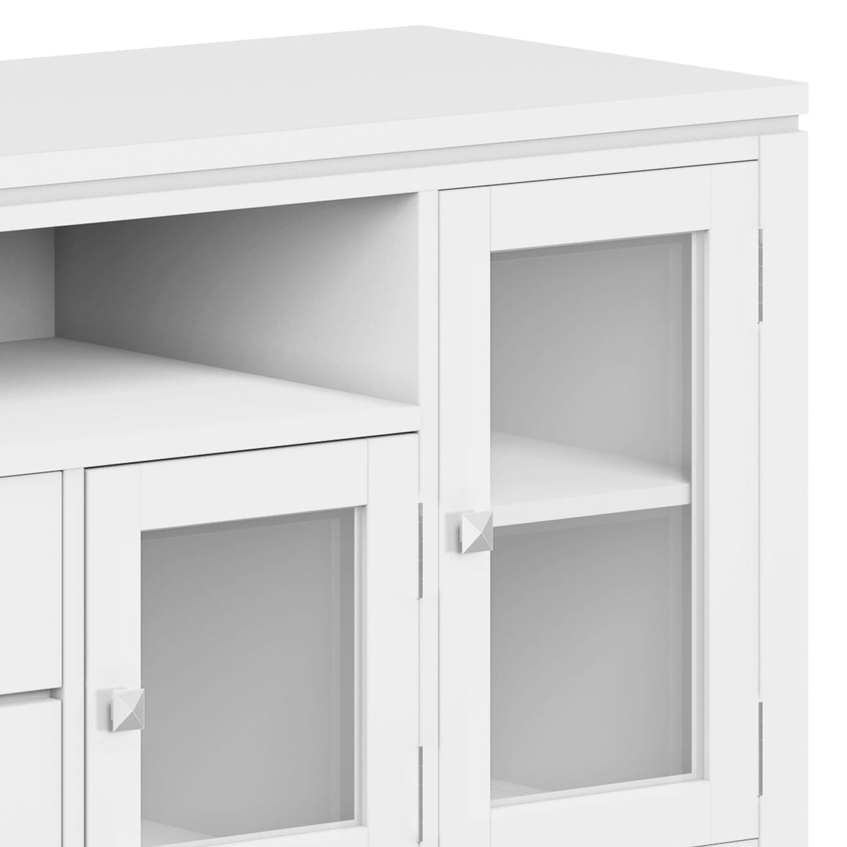 Wide handcrafted solid wood TV stand with glass-front and open shelf in white by HouseOfZazla on Tampa Home & Garden Store