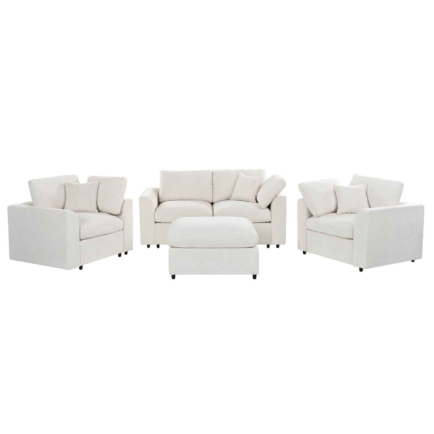 U-Style 4-Piece Sofa Set by HouseOfZazla; cream loveseat, 2 accent chairs, movable ottoman on Tampa Home & Garden Store