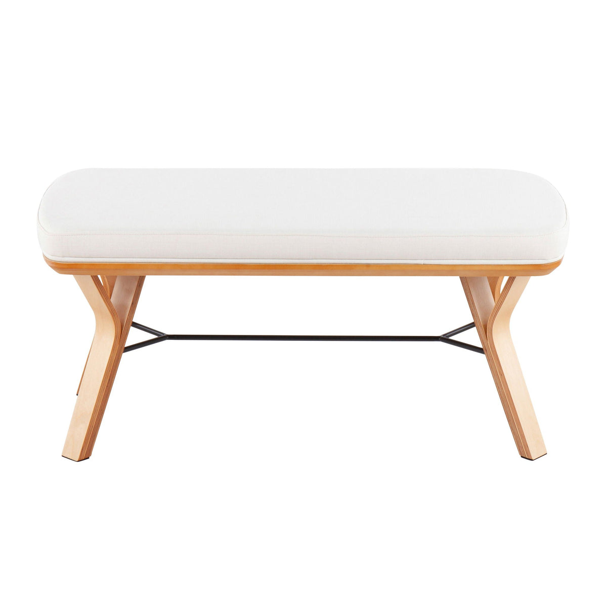 Mid Century Upholstered Bench Cushioned Seat in gray beige dark gray fabric light wood legs on Tampa Home & Garden Store