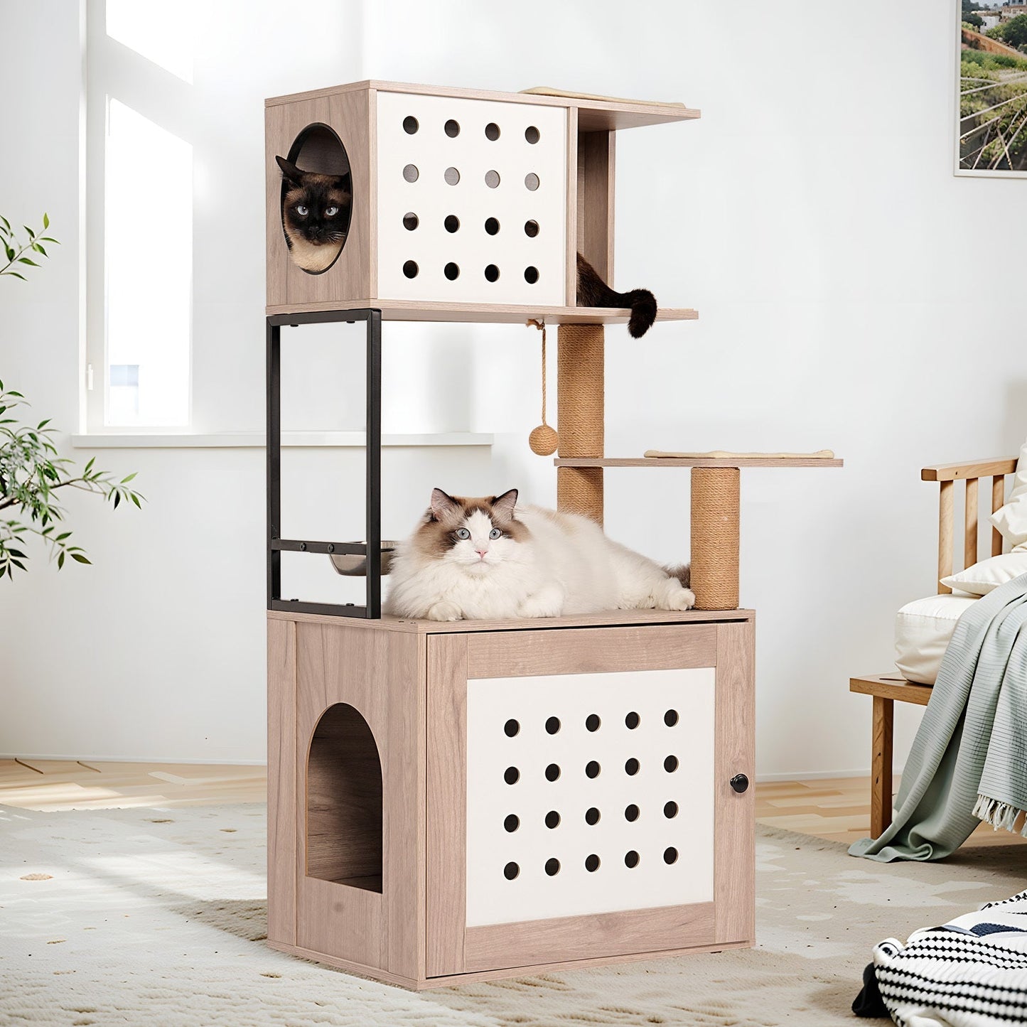 Cat Tree with Litter Box Enclosure and Large Hammock in natural wood; two cats on Tampa Home & Garden Store