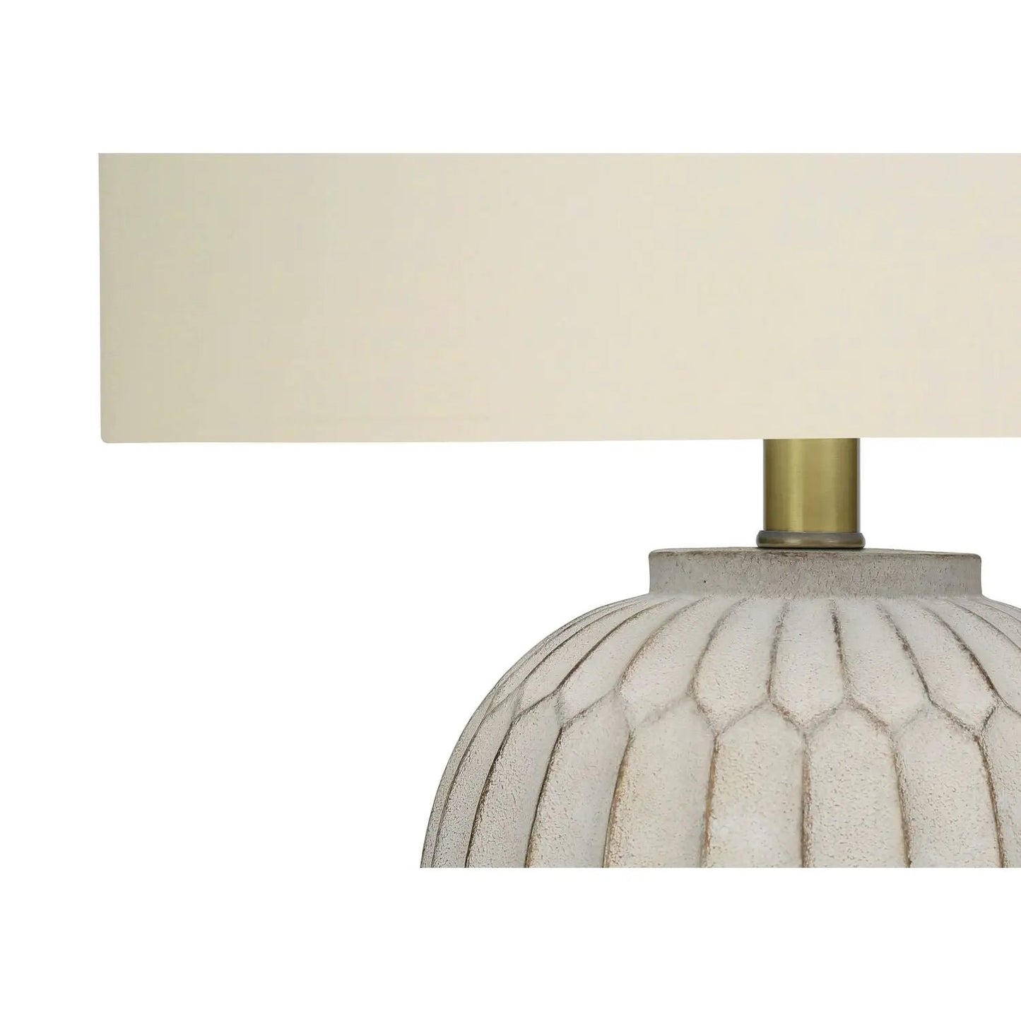 Table lamp by Unique Piece Furniture, cream shade, brass stem, textured beige ceramic base on Tampa Home & Garden Store
