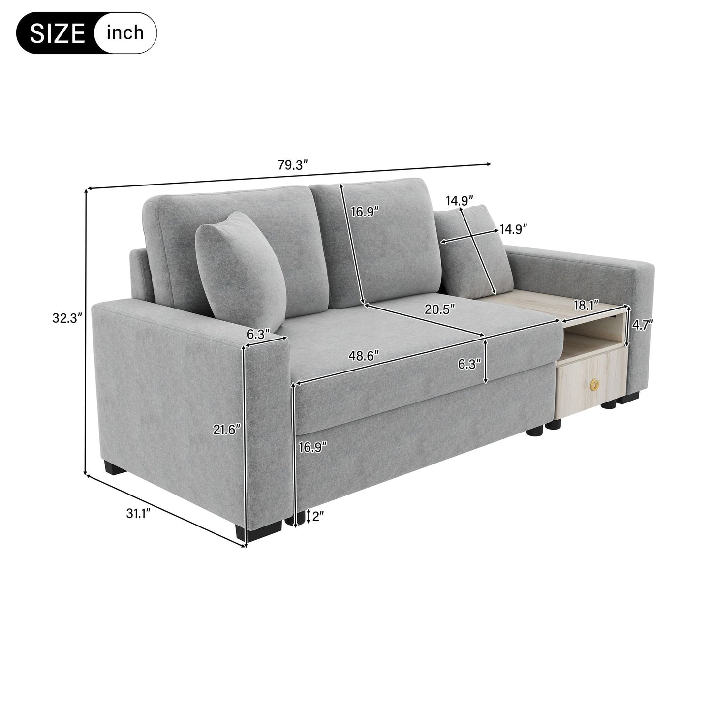 Modular sofa couch with storage armrest and center console in light grey fabric by HouseOfZazla on Tampa Home & Garden Store