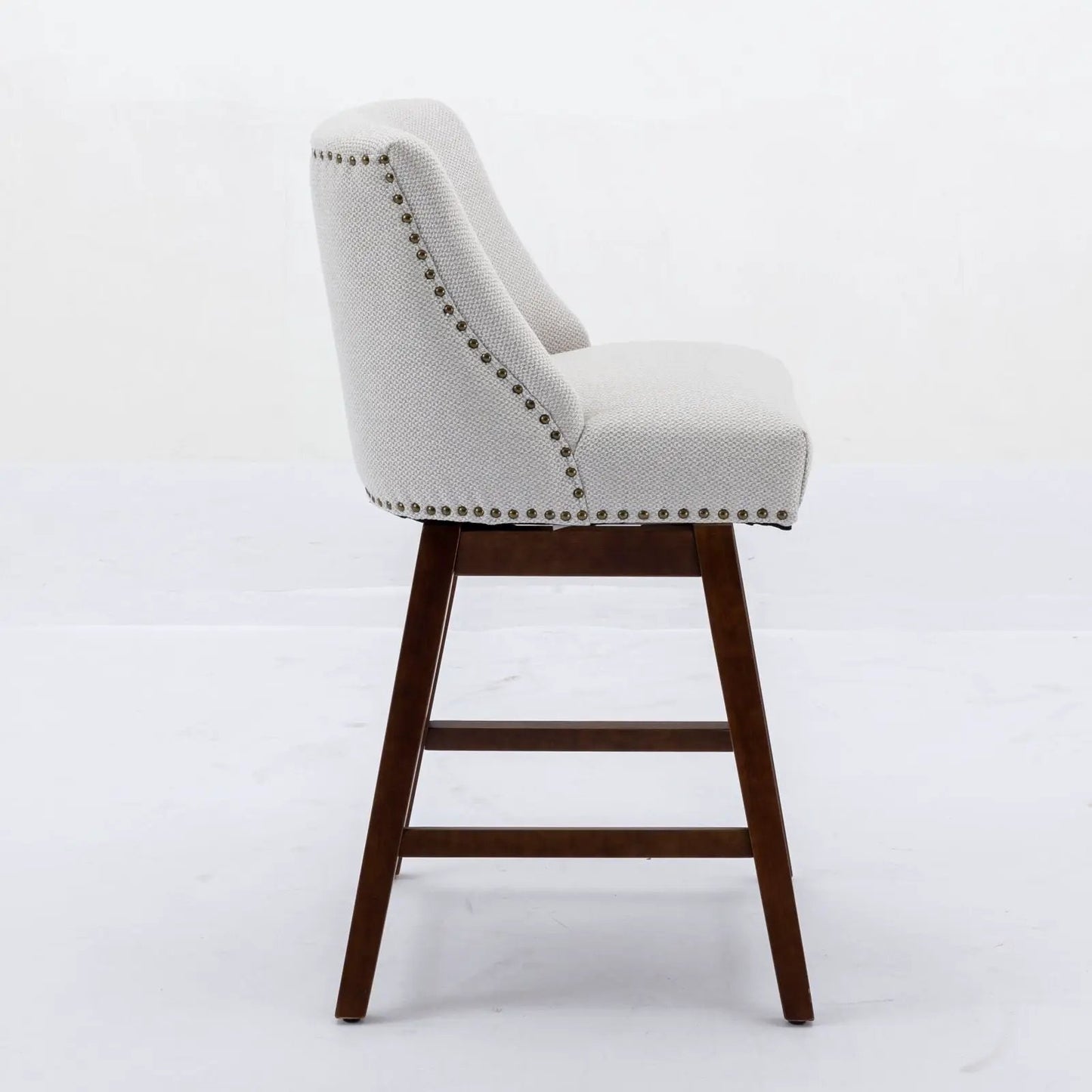 Counter height swivel barstool 26 in seat, upholstered fabric with nailhead trim on wood legs on Tampa Home & Garden Store