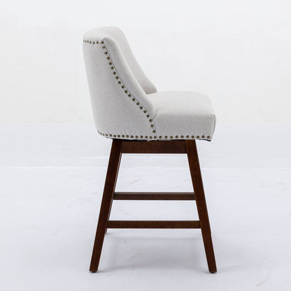 Counter height swivel barstools set of 2 in beige fabric with nailhead trim and dark wood legs on Tampa Home & Garden Store