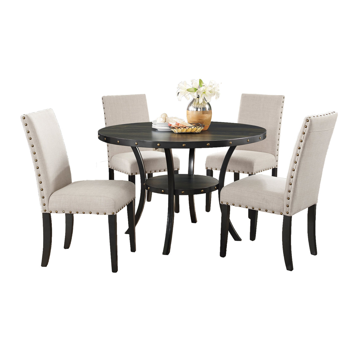Espresso wood 5-piece dining set with tan nailhead chairs around a round table on Tampa Home & Garden Store