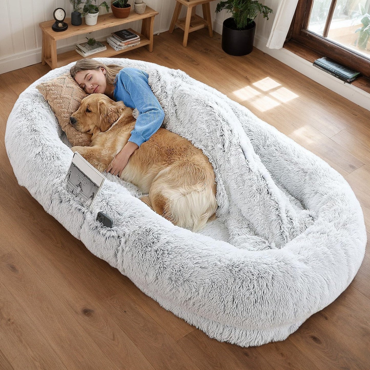 Human dog bed with washable faux fur and orthopedic support in light gray plush on Tampa Home & Garden Store
