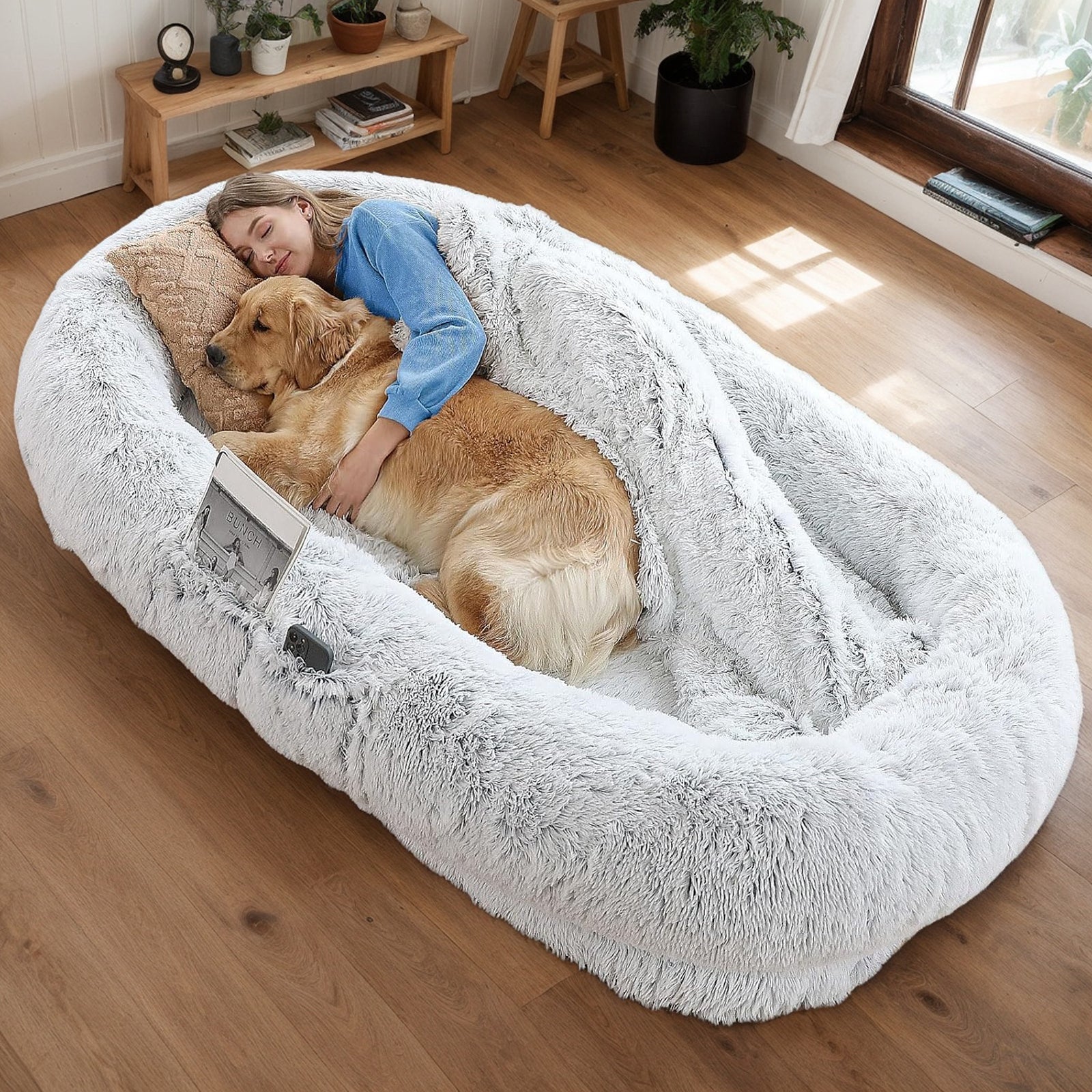 Human dog bed with washable faux fur and orthopedic support in light gray plush on Tampa Home & Garden Store