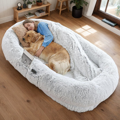 Human dog bed with washable faux fur and orthopedic support in light gray plush on Tampa Home & Garden Store