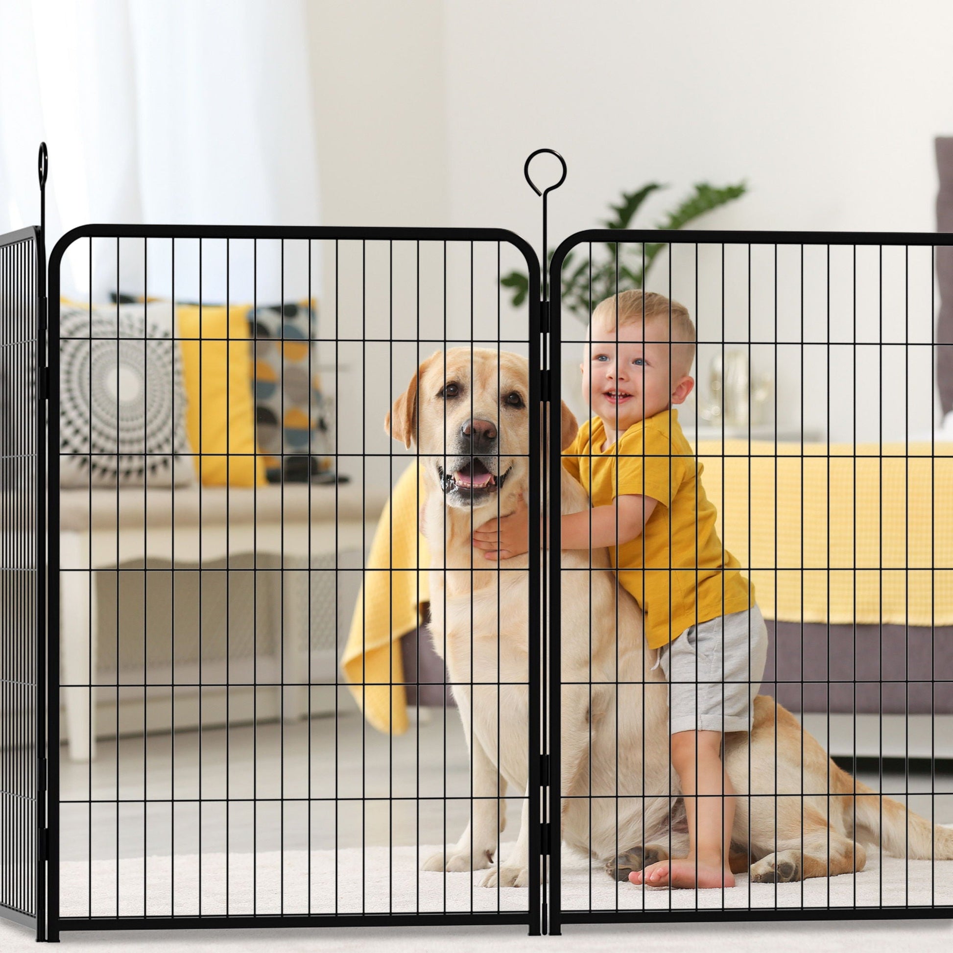 Dog playpen 16-panel black anti-skid base fence by HouseOfZazla, indoor setup with kids on Tampa Home & Garden Store