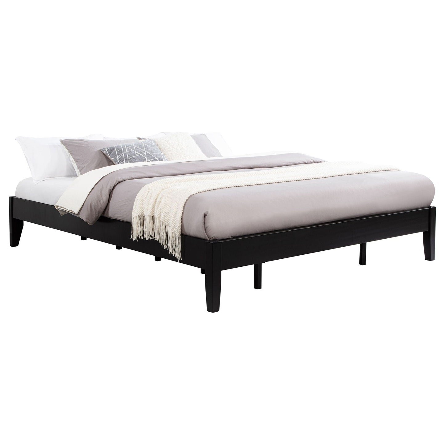 Hounslow Platform Bed by HouseOfZazla, black wood frame with gray bedding set on Tampa Home & Garden Store