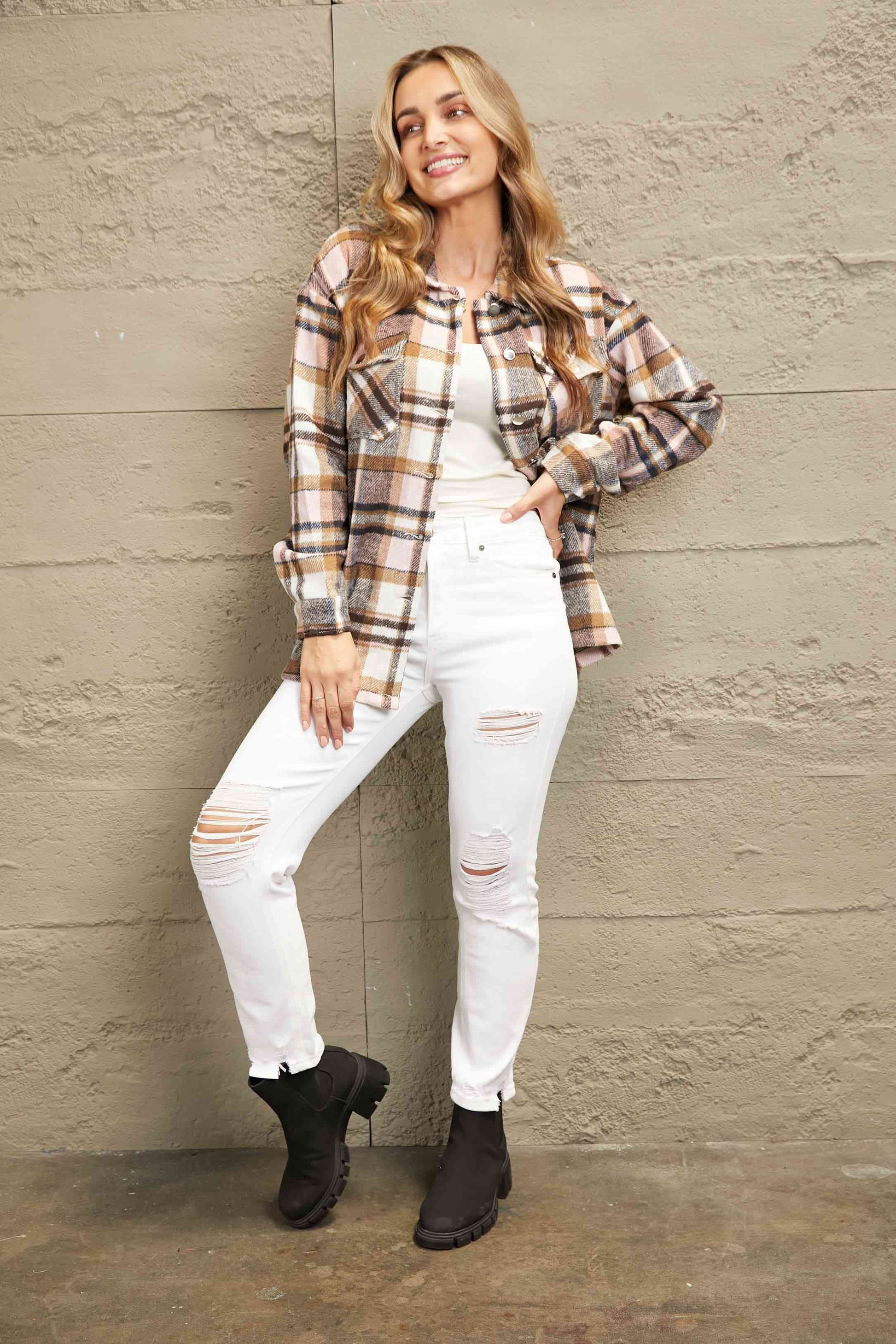 Button Front Shirt Jacket with breast pockets in beige worn over white jeans by Stevvex on Tampa Home & Garden Store