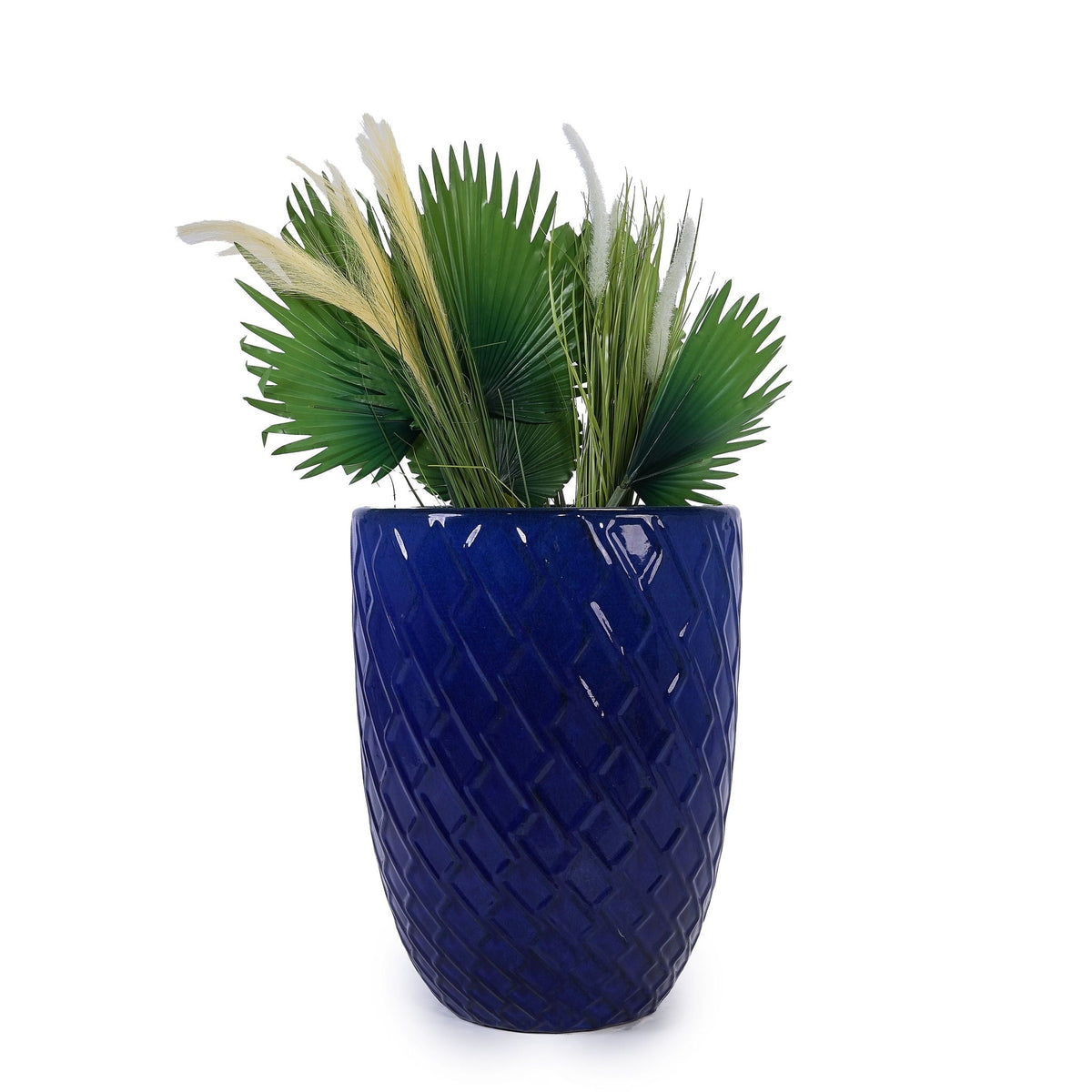 Ceramic blue flowerpot planter with diamond texture featuring palm leaves and pampas grass HouseOfZazla on Tampa Home & Garden Store