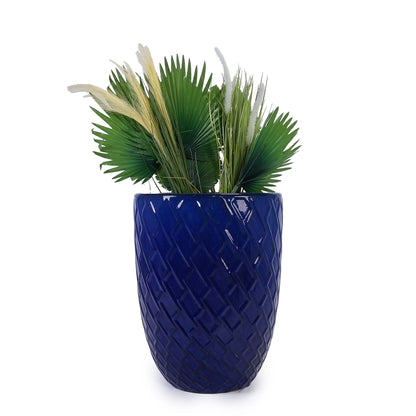 Ceramic blue flowerpot planter with diamond texture featuring palm leaves and pampas grass HouseOfZazla on Tampa Home & Garden Store