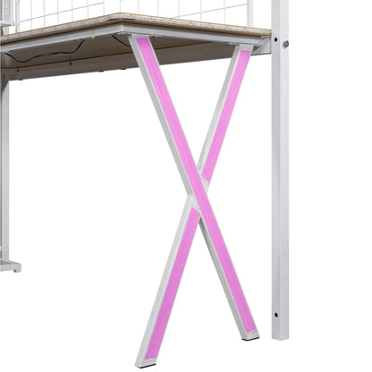 Loft bed with built-in workstation and LED lighting, white frame with pink cross-brace legs on Tampa Home & Garden Store