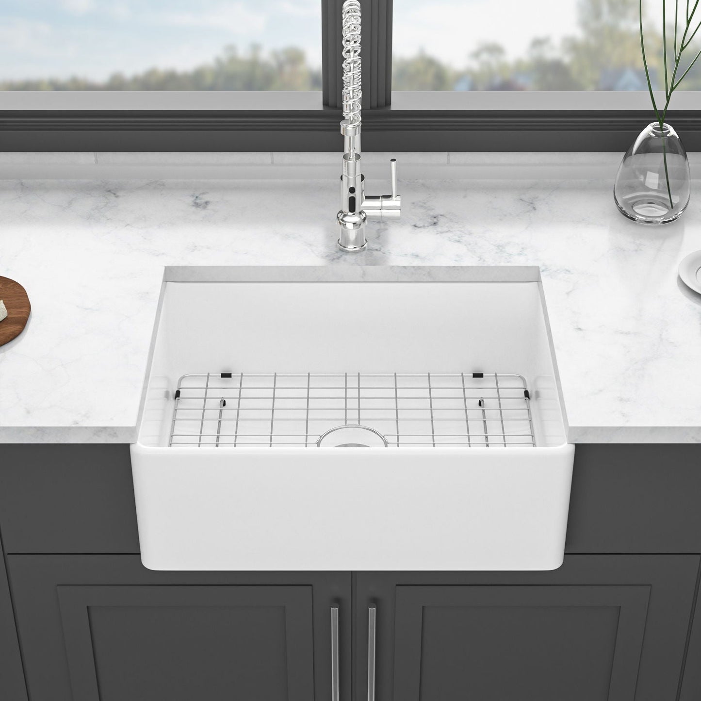 Elegant ceramic single-bowl farmhouse sink in white with wire rack and chrome faucet on Tampa Home & Garden Store