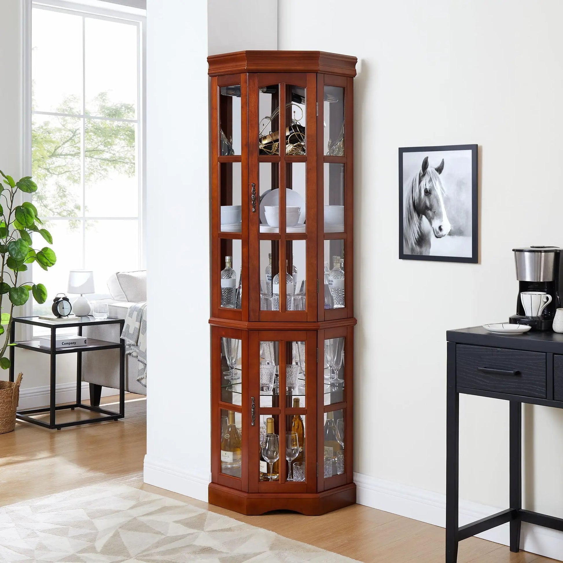 Corner curio cabinet in warm cherry wood with glass doors and 5 shelves, built-in lighting system on Tampa Home & Garden Store