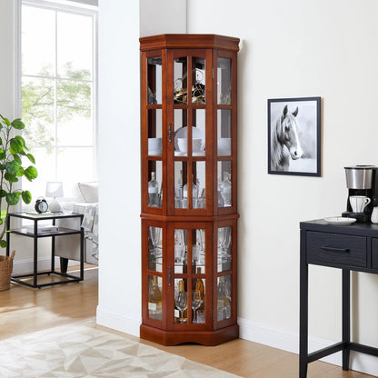 Corner curio cabinet in warm cherry wood with glass doors and 5 shelves, built-in lighting system on Tampa Home & Garden Store