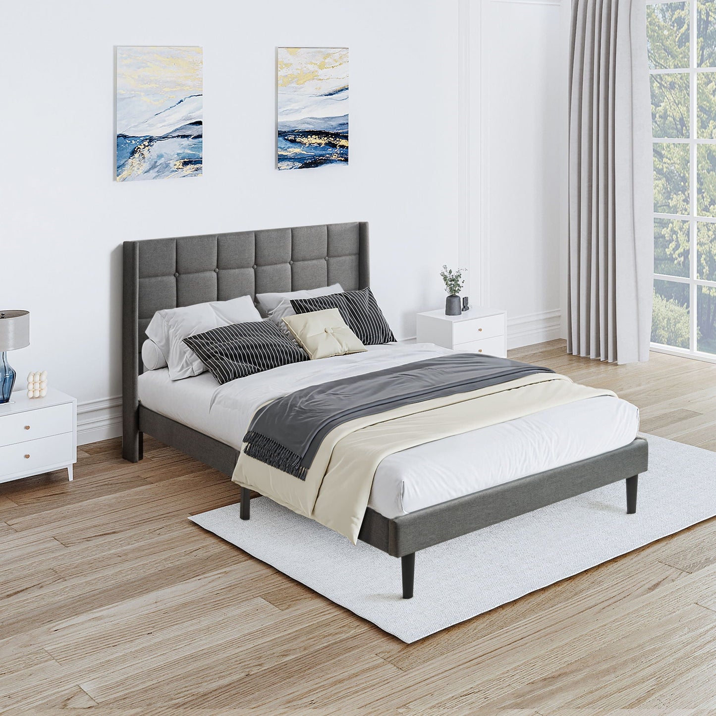 Queen size upholstered platform bed frame with button-tufted dark gray linen headboard on Tampa Home & Garden Store
