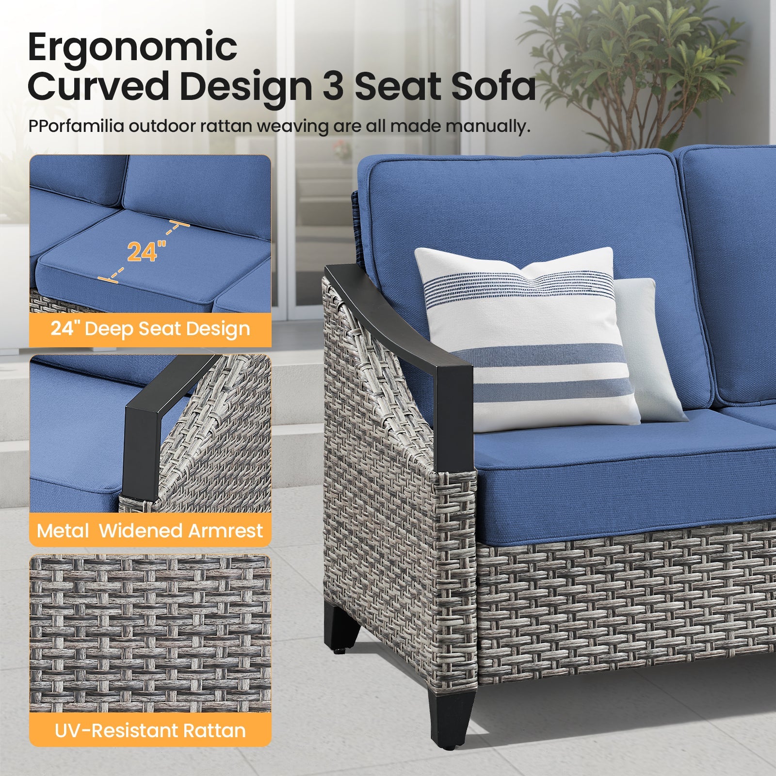 73.4-inch Wide Outdoor Wicker Sofa by HouseOfZazla with blue cushions on Tampa Home & Garden Store