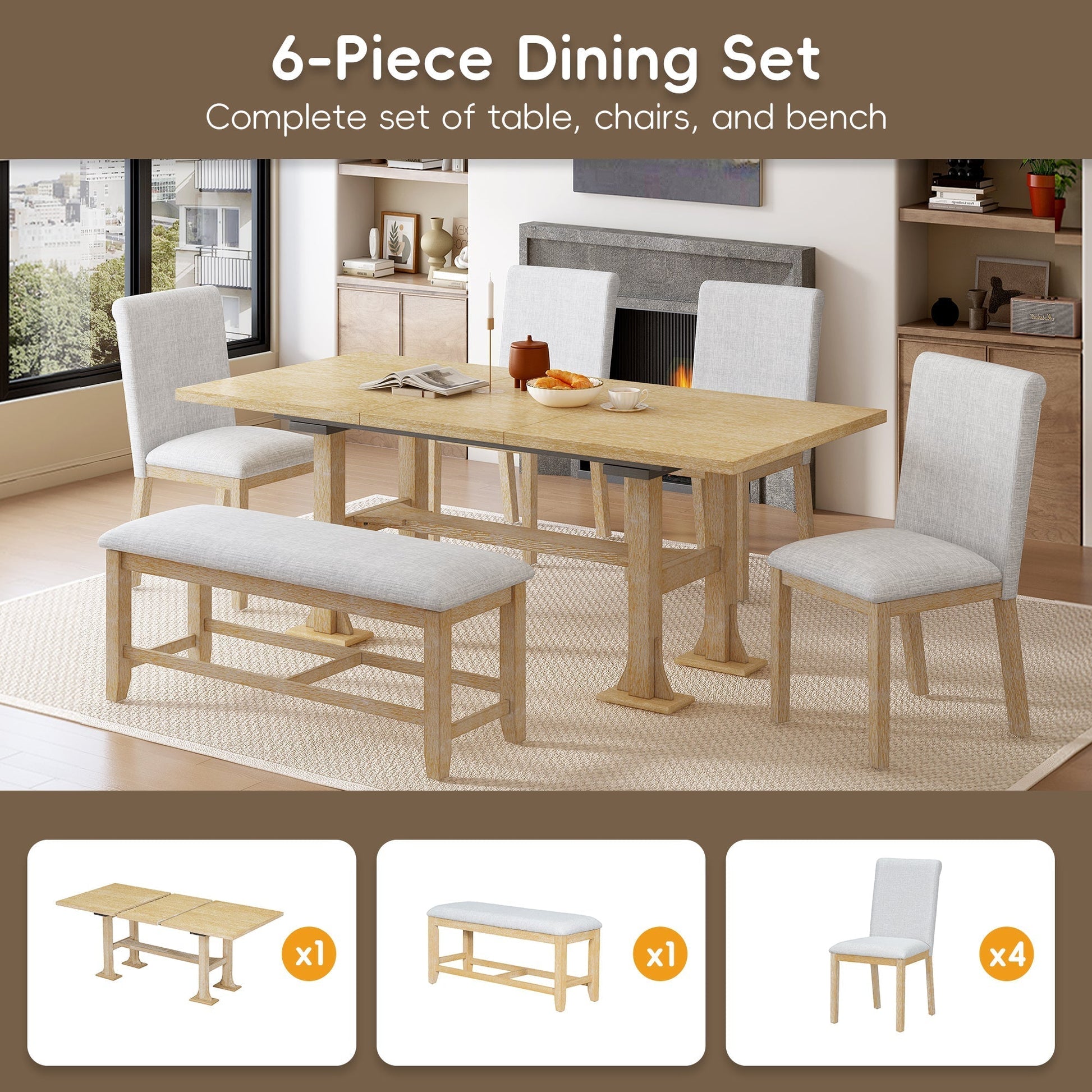 6-Piece Extendable Solid Wood Dining Set with Bench Seating, light oak, gray chairs on Tampa Home & Garden Store