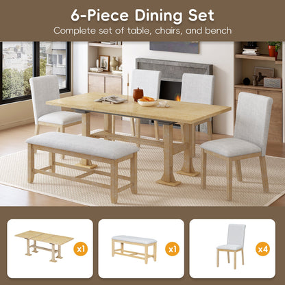 6-Piece Extendable Solid Wood Dining Set with Bench Seating, light oak, gray chairs on Tampa Home & Garden Store