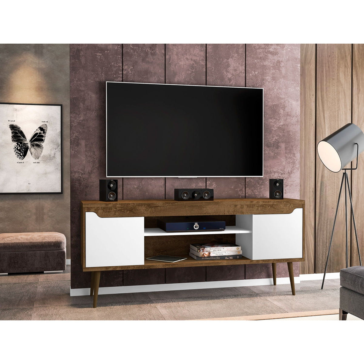 HouseOfZazla modern design TV stand with concealed storage, white doors and wood top on Tampa Home & Garden Store
