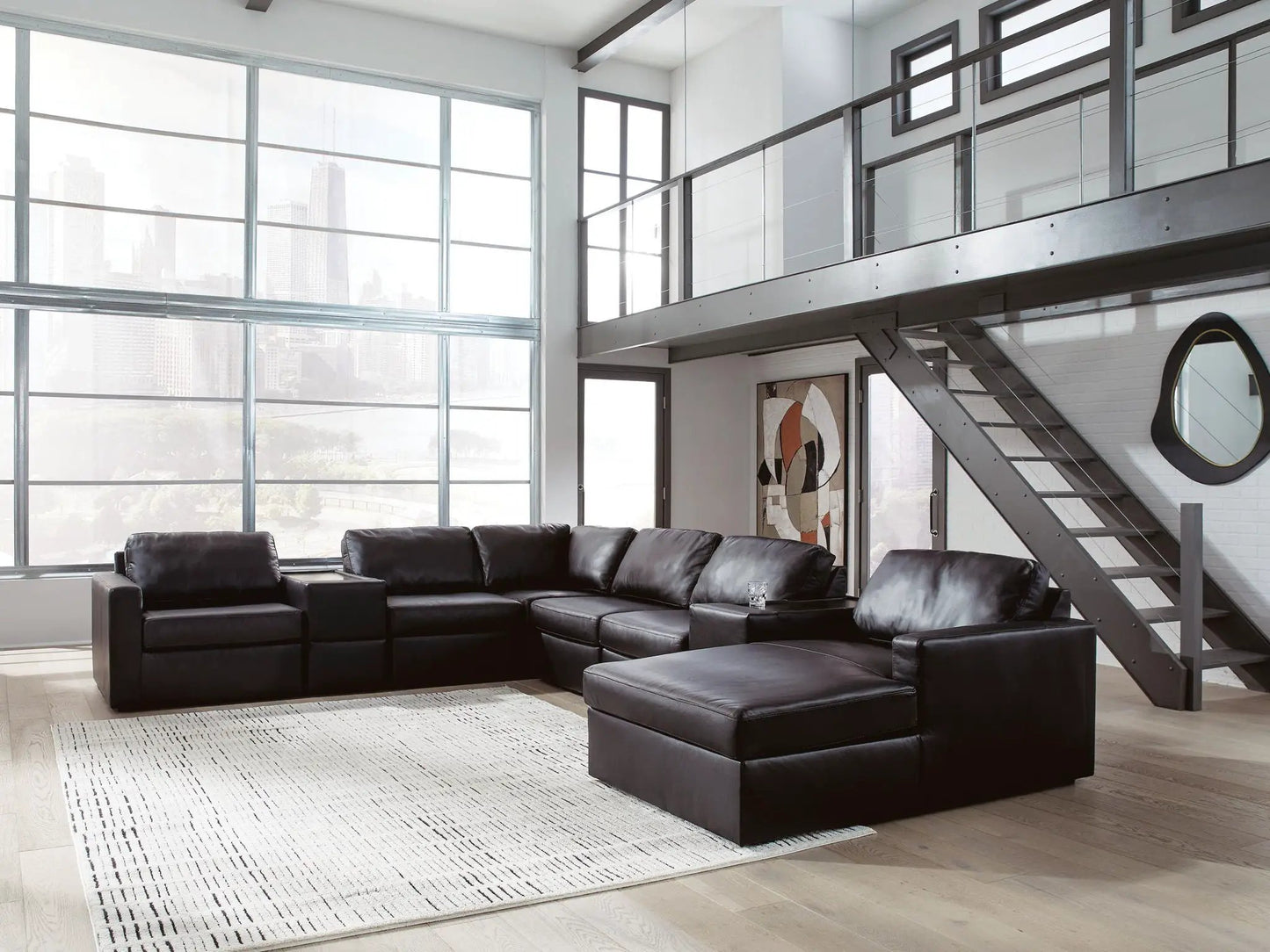 ModMax II Sectional, black leather stationary sofa by Unique Piece Furniture in a modern loft on Tampa Home & Garden Store