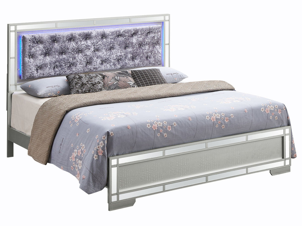Madison Upholstered Bed With LED tufted purple headboard, chrome frame, blue LED lighting on Tampa Home & Garden Store