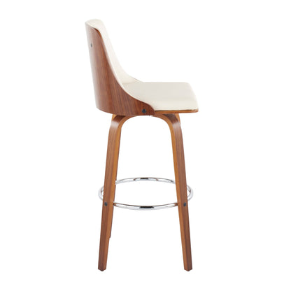 Mid-century modern swivel barstool with white seat, wood back, round chrome footrest on Tampa Home & Garden Store