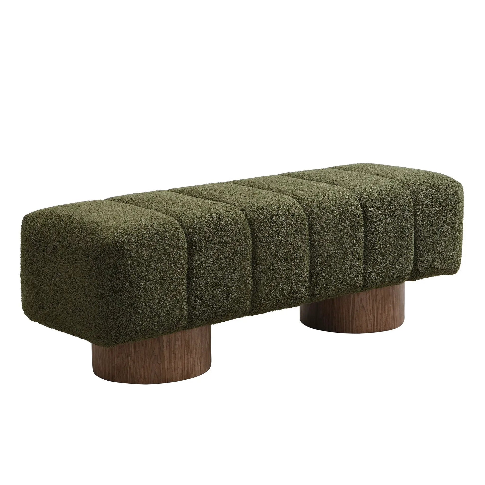 Upholstered dining bench in olive green boucle with rounded wood legs by Unique Piece Furniture on Tampa Home & Garden Store
