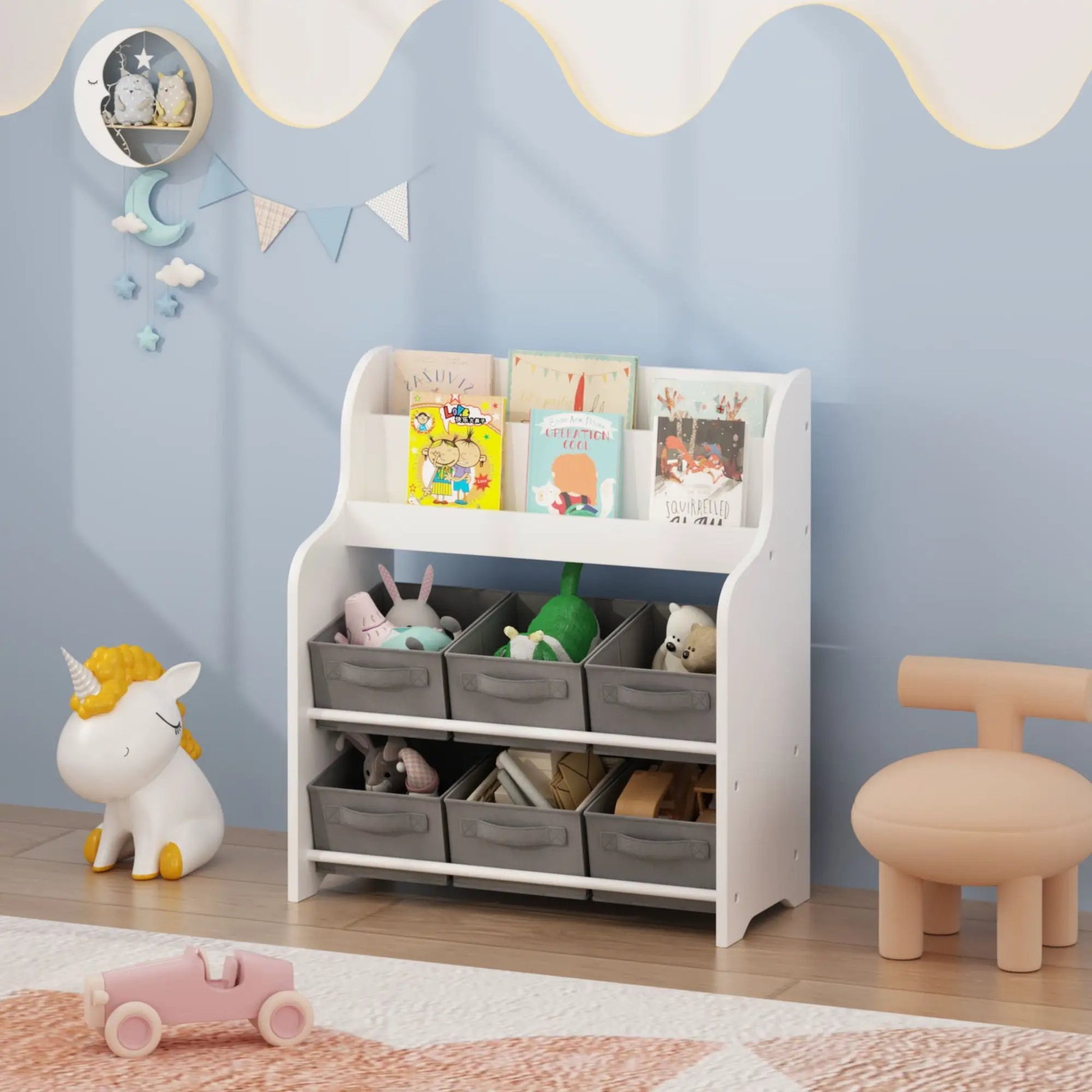 White bookshelf with 6 storage bins for kids, toy organizer on Tampa Home & Garden Store