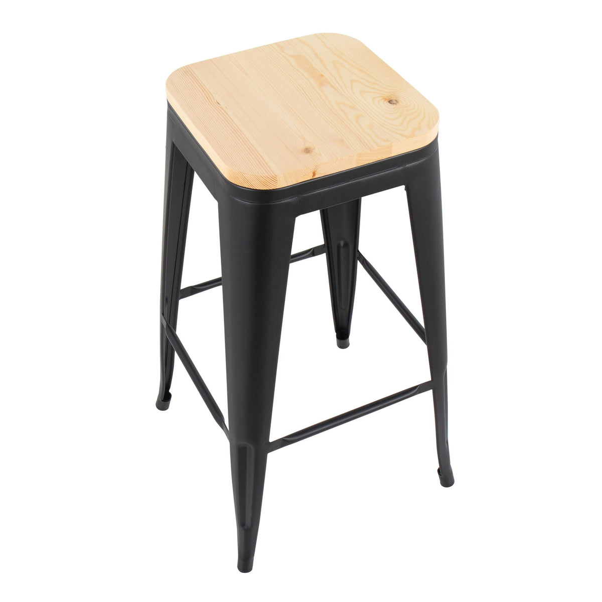 Contemporary barstool set of 2 with natural wood seat and black metal frame, stackable on Tampa Home & Garden Store