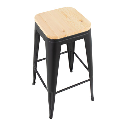 Contemporary barstool set of 2 with natural wood seat and black metal frame, stackable on Tampa Home & Garden Store