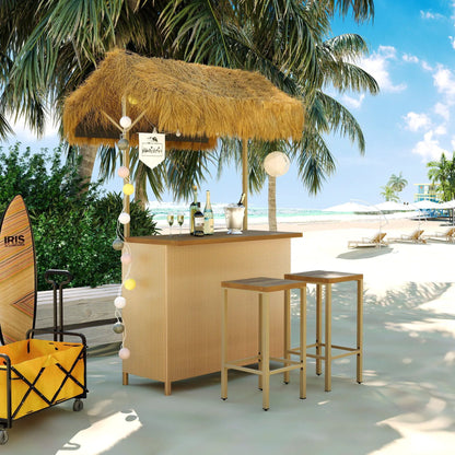 Hawaiian-Style Bar Height Patio Set with acacia wood top and PE wicker, 3-piece bar set on Tampa Home & Garden Store