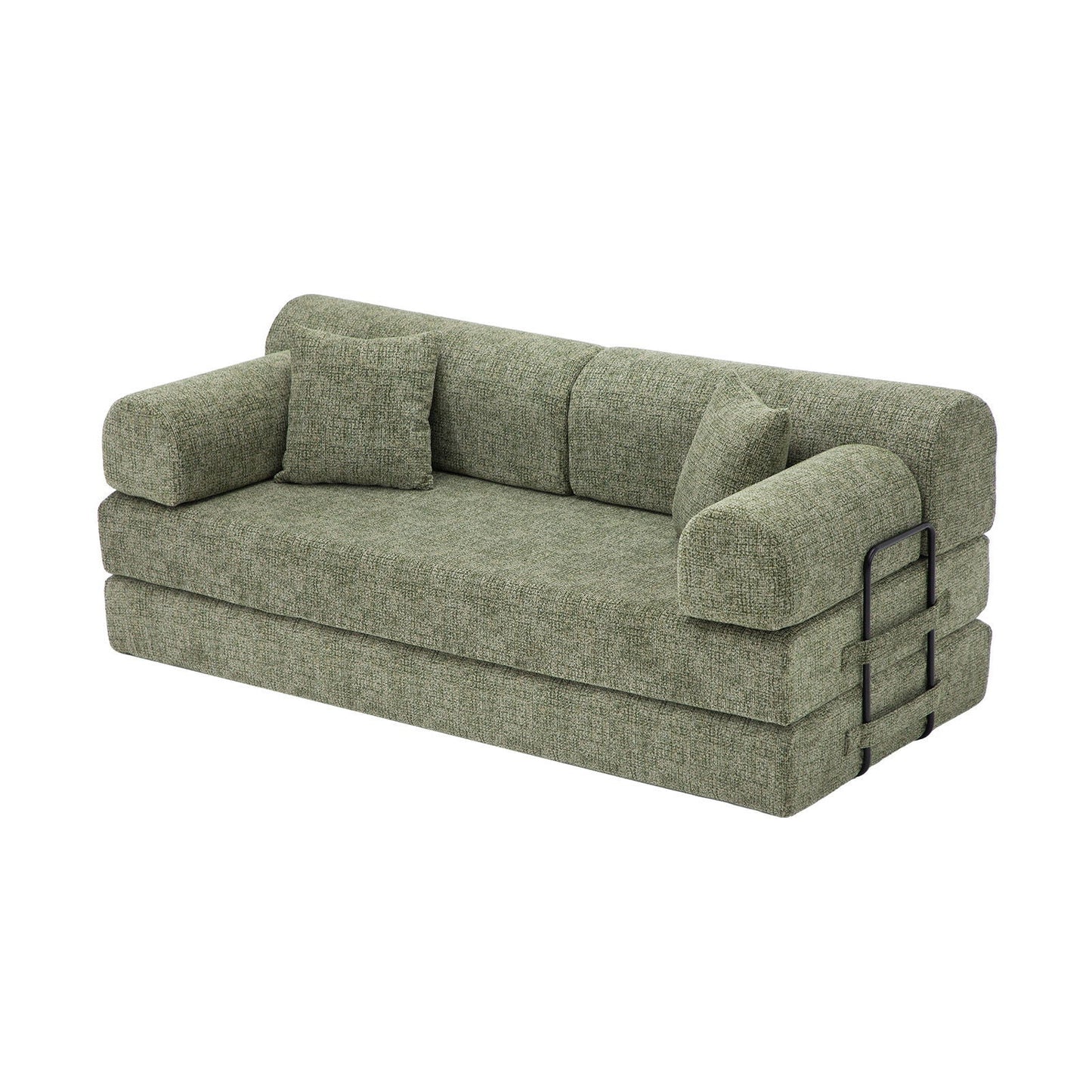 Convertible Sleeper Sofa Bed in green textured two-tone fabric with black metal side rails on Tampa Home & Garden Store