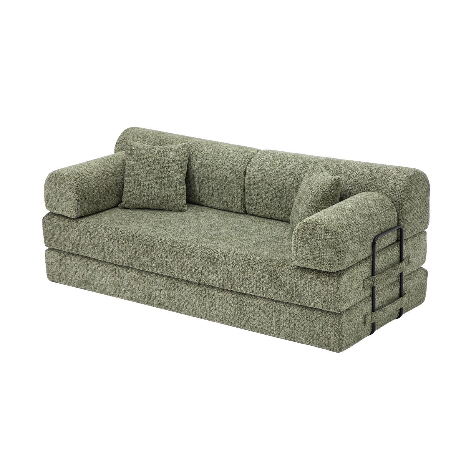 Convertible Sleeper Sofa Bed in green textured two-tone fabric with black metal side rails on Tampa Home & Garden Store