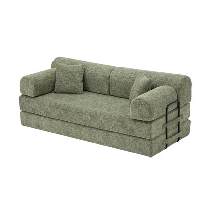 Convertible Sleeper Sofa Bed in green textured two-tone fabric with black metal side rails on Tampa Home & Garden Store
