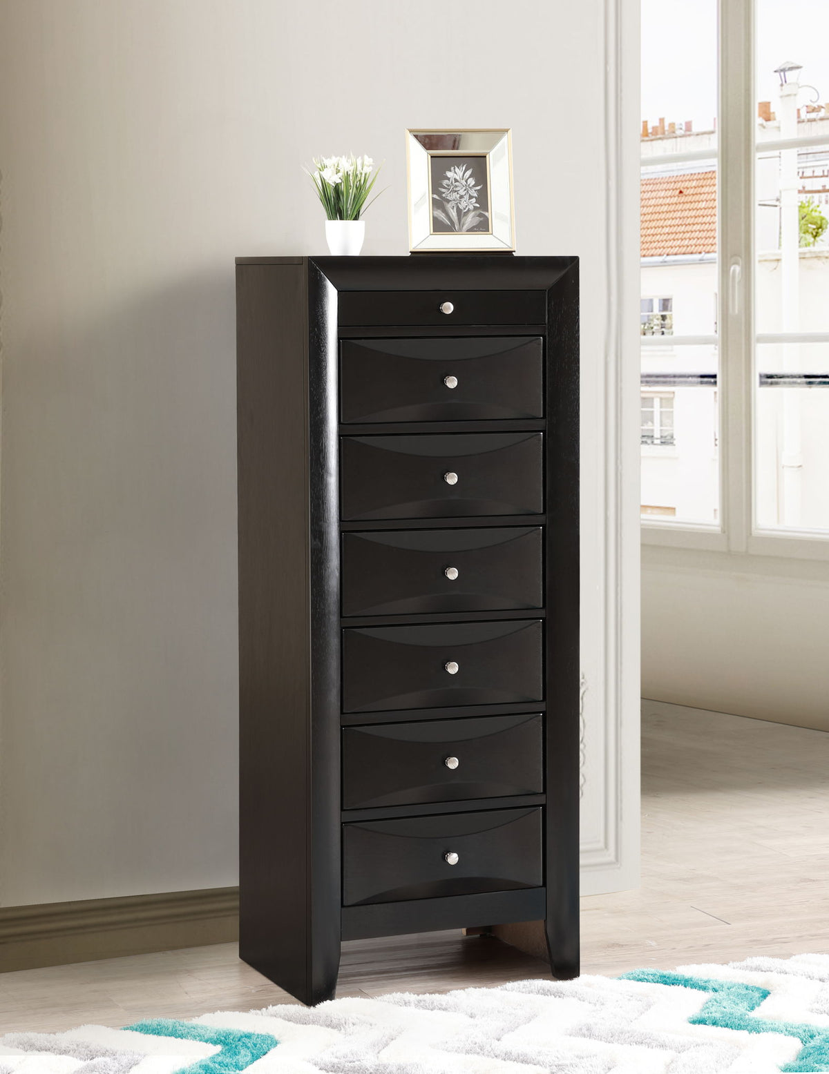 HouseOfZazla 7-drawer lingerie chest, black finish with silver knobs; top vase and framed print on Tampa Home & Garden Store