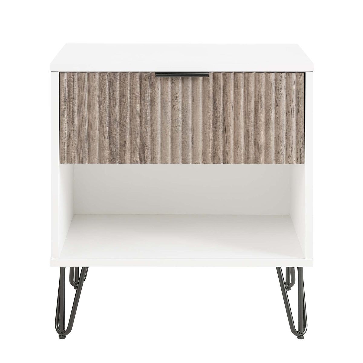 Fluted nightstand with drawer, white frame and gray wood-grain front, black hairpin legs on Tampa Home & Garden Store