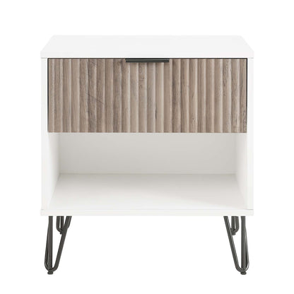 Fluted nightstand with drawer, white frame and gray wood-grain front, black hairpin legs on Tampa Home & Garden Store