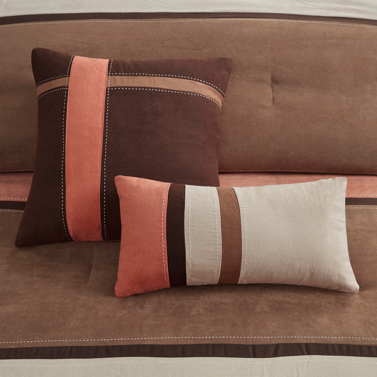 7 Piece Faux Suede Comforter Set Coral Queen in brown and coral tones with two striped pillows on Tampa Home & Garden Store