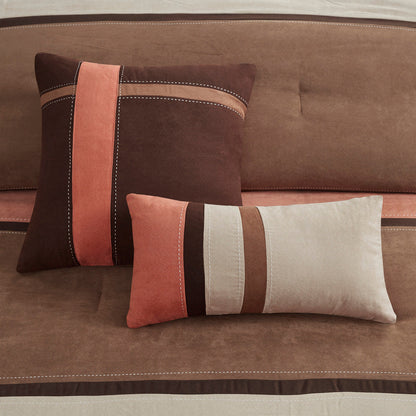 7 Piece Faux Suede Comforter Set Coral Queen in brown and coral tones with two striped pillows on Tampa Home & Garden Store